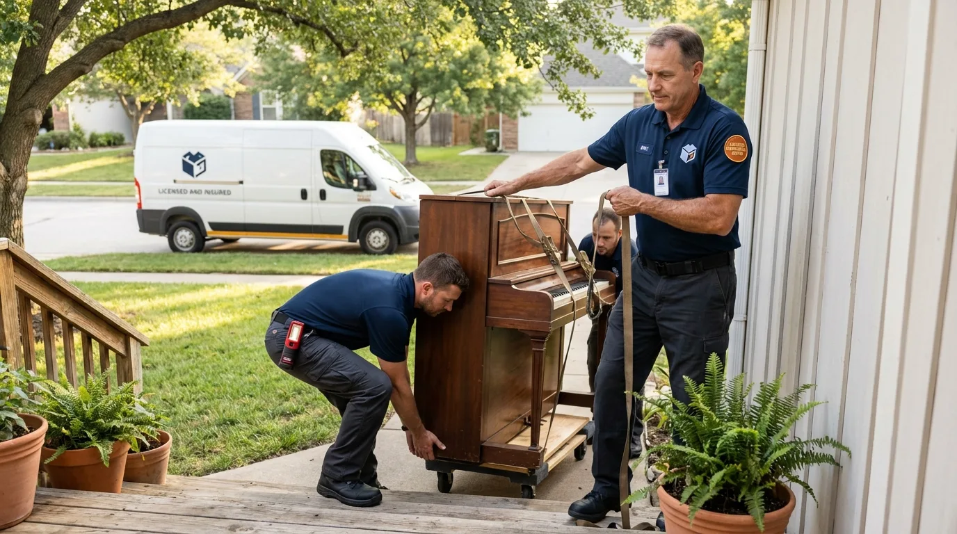 Licensed piano movers securing grand piano in Melvindale, MI