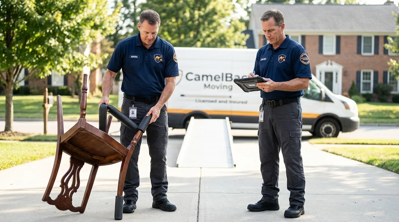 Movers inspecting furniture for damage prevention before loading in Melvindale, MI